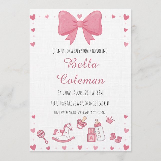 cute pink bow baby shower invitation inbjudningar (Framsida)