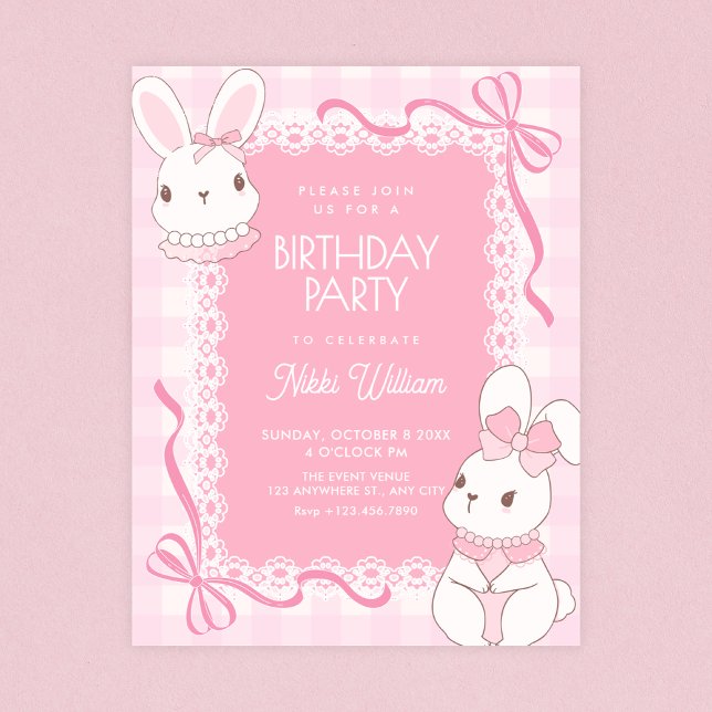Cute pink bow bunny birthday inbjudningar (Skapare uppladdad)