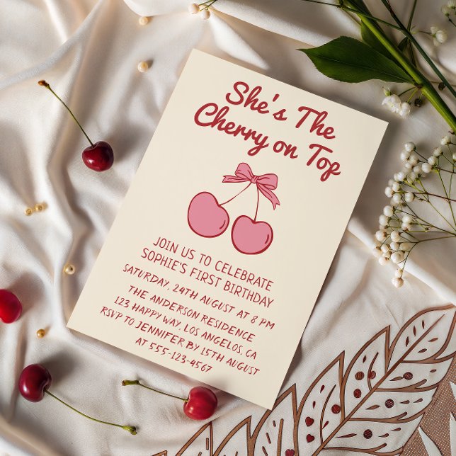 Cute Pink Bow Cherry on Top First Birthday Inbjudningar (Skapare uppladdad)