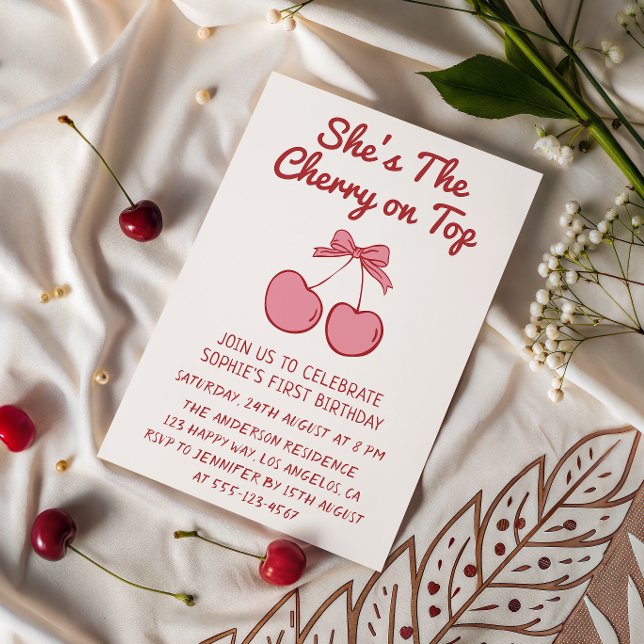 Cute Pink Bow Cherry on Top First Birthday Inbjudningar (Skapare uppladdad)