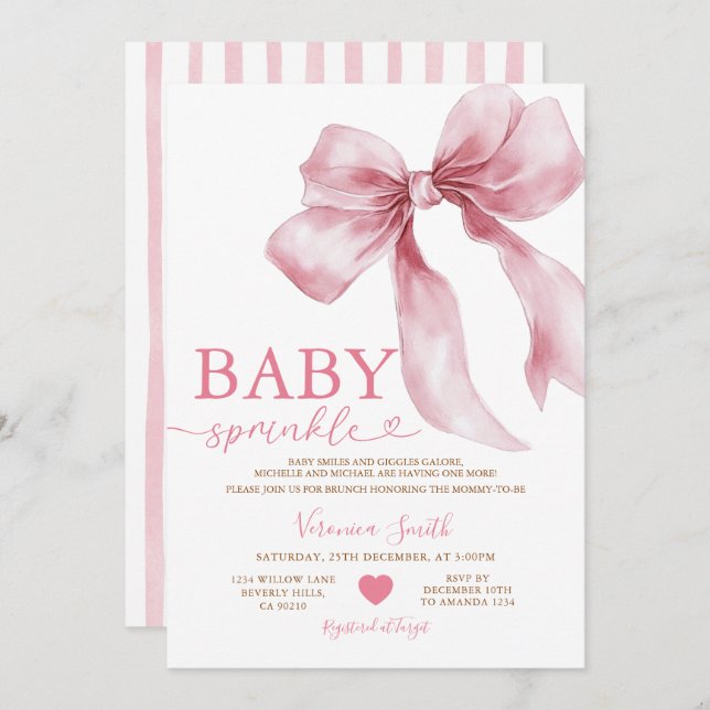 Cute Pink Bow Coquette Baby Sprinkle Baby Shower Inbjudningar (Fram/baksida)