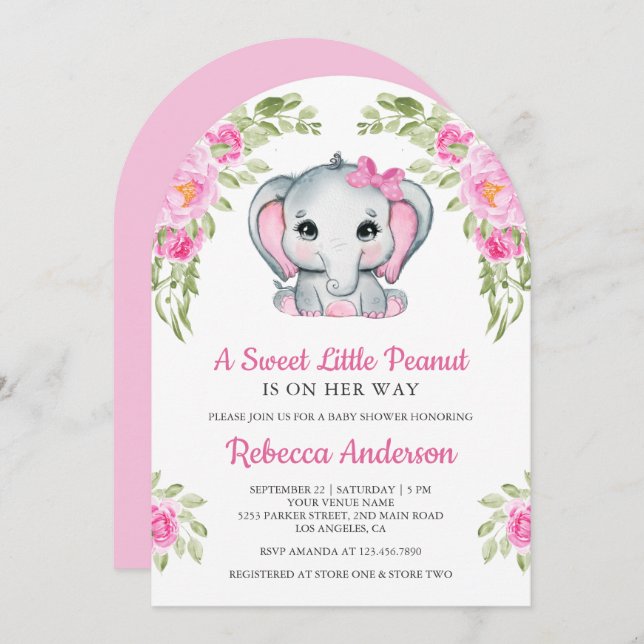 Cute Pink Bow Floral Elephant Baby Shower Inbjudningar (Fram/baksida)