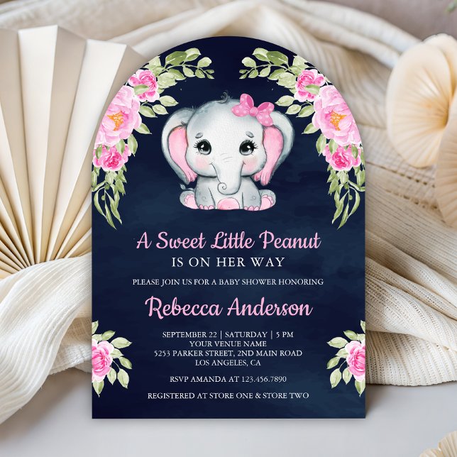 Cute Pink Bow Floral Elephant Navy Baby Shower Inbjudningar (Skapare uppladdad)