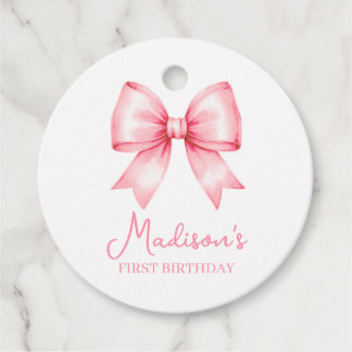 Cute Pink Bow Girl First Birthday Gåvor Etiketter
