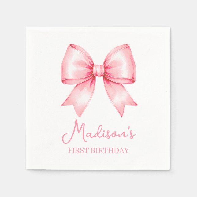 Cute Pink Bow Girl First Birthday Pappersservett (Framsidan)