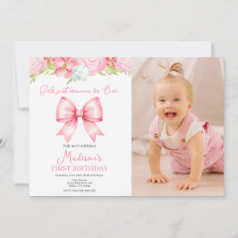Cute Pink Bow Girl First Birthday Photo Invitation Inbjudningar