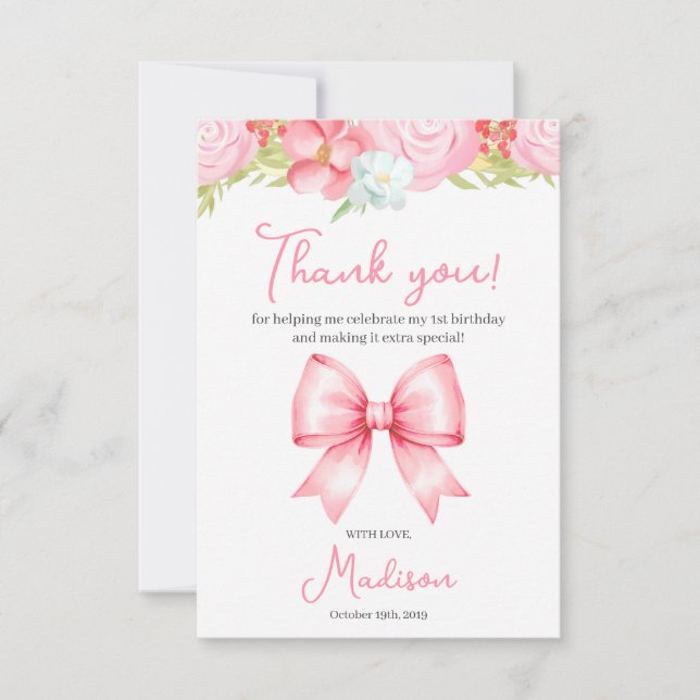 Cute Pink Bow Girl First Birthday Thank You Card Tack Kort (Framsida)