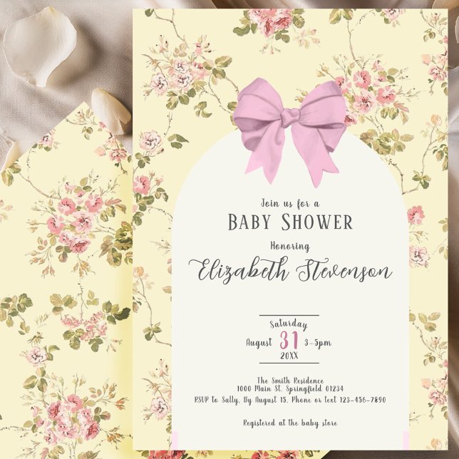 Cute Pink Bow Girly Floral Yellow Baby Shower Inbjudningar (Skapare uppladdad)
