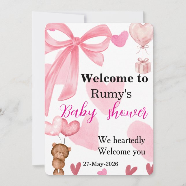 Cute Pink Bow Teddy Bear Shower Welcome Inbjudningar (Framsida)