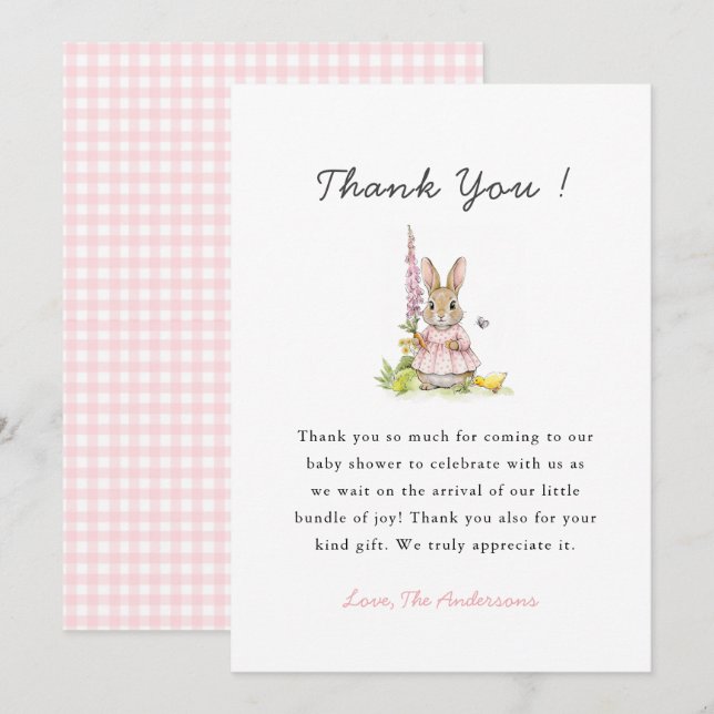 Cute Pink Bunny Baby girl shower  Tack Kort (Fram/baksida)