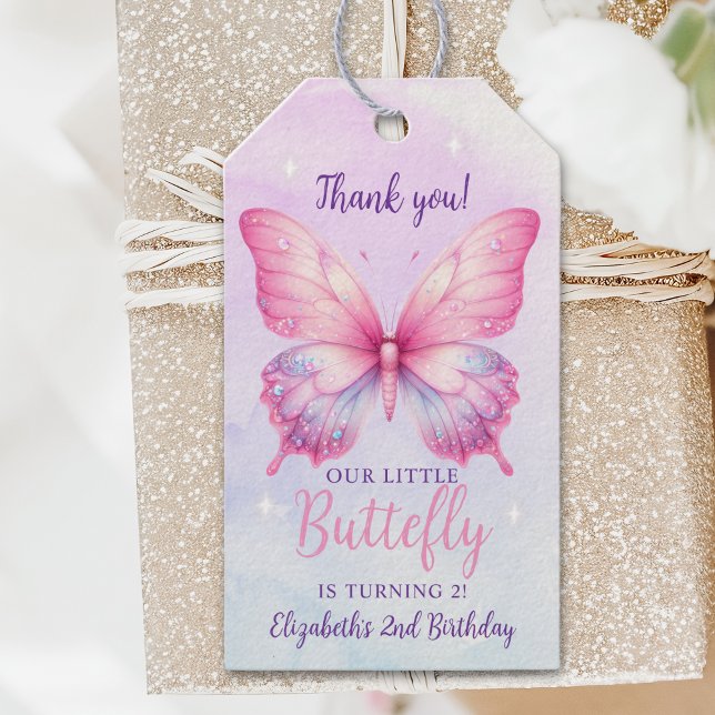 Cute Pink Butterfly Birthday Girl Party Presentetikett (Skapare uppladdad)