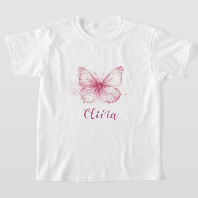 Cute Pink Butterfly Girls Personalised T-Shirt (Laydown)