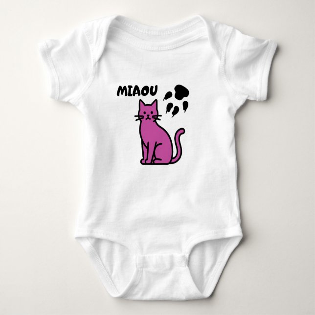 Cute Pink Cat “MIAOU” Baby Bodysuit T Shirt (Framsida)