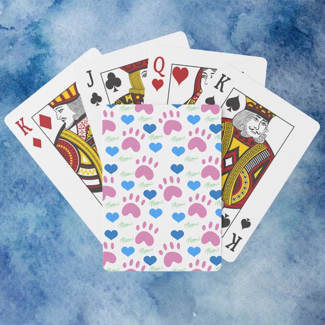 Cute Pink Cat Paw Prints Blue Hearts Meow Casinokort (A deck of playing cards with a pattern of paw prints, hearts and meows.)