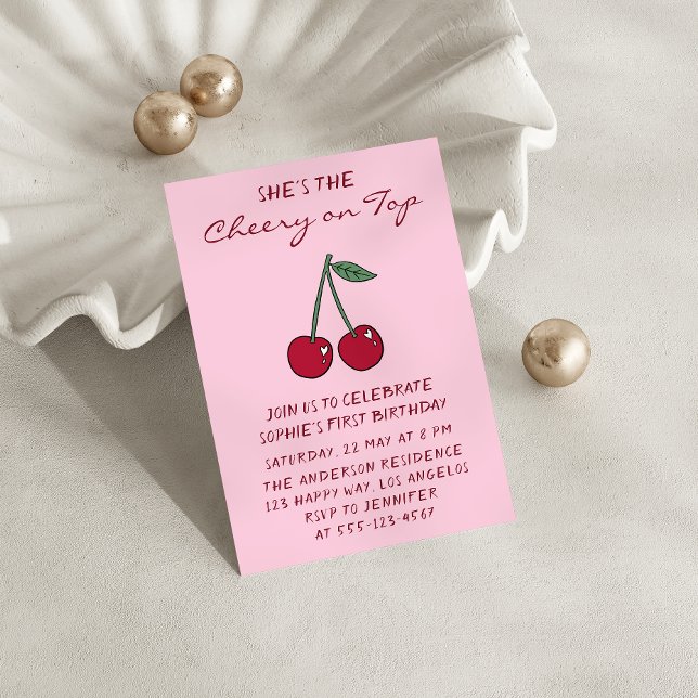 Cute Pink Cherry on Top First Birthday Inbjudningar (Skapare uppladdad)