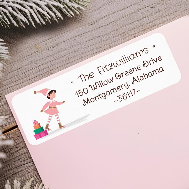 Cute Pink Christmas Elf Ice Skating  Returadress Etikett (Cute Pink Christmas Elf Ice Skating Label)