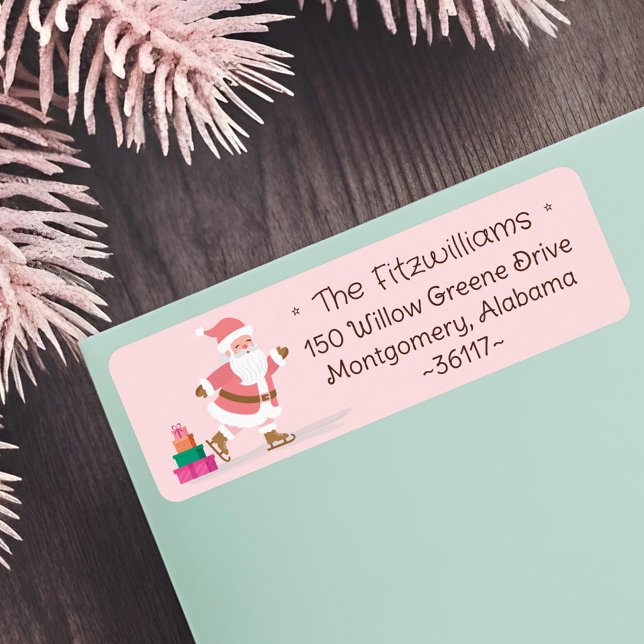 Cute Pink Christmas Santa Claus Ice Skating  Returadress Etikett (Cute Pink Christmas Santa Claus Ice Skating Label)