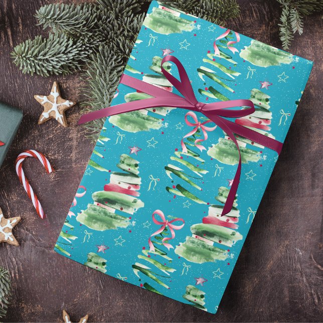 Cute pink Coquette bows Christmas trees aqua Presentpapper (Skapare uppladdad)