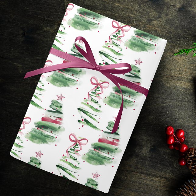 Cute pink Coquette bows Christmas trees creme Presentpapper (Skapare uppladdad)