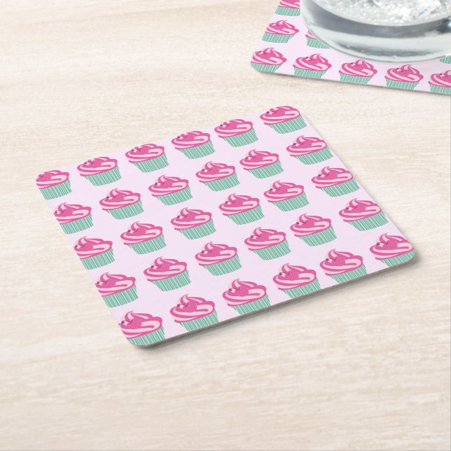 Cute Pink Cupcakes Pattern Pastel Pink Underlägg Papper Kvadrat (Vinklad)