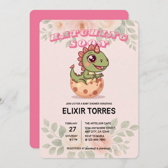 Cute Pink Dino Hatching Soon Inbjudningar (Fram/baksida)