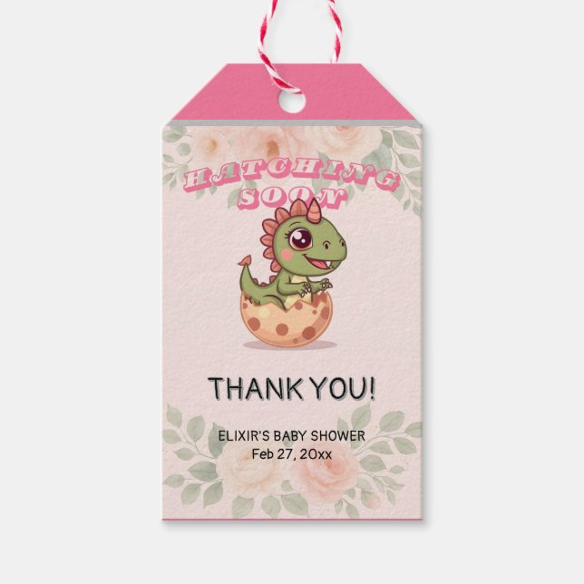 Cute Pink Dino Hatching Soon Presentetikett (Framsidan)