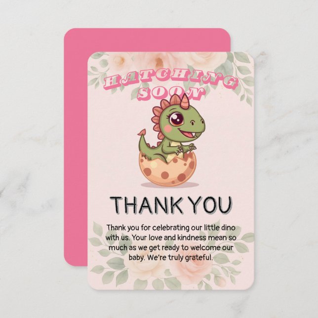 Cute Pink Dino Hatching Soon Tack Kort (Fram/baksida)