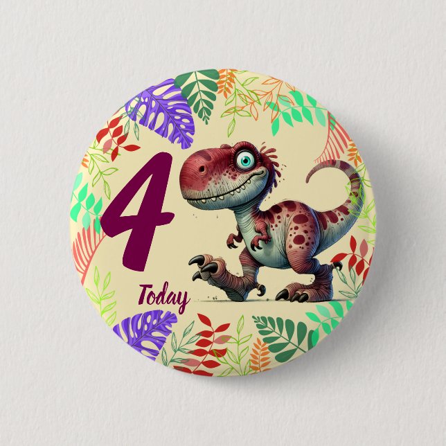 Cute Pink Dinosaur 4th Birthday Knapp (Framsida)