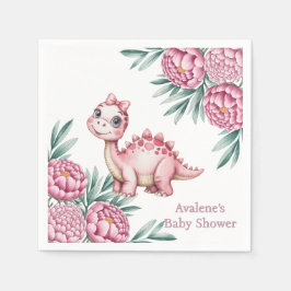 Cute Pink Dinosaur and Peony Baby Shower Pappersservett