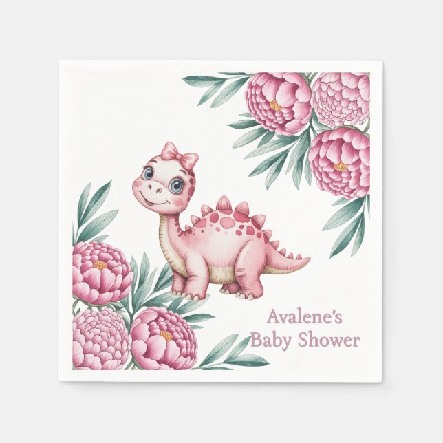 Cute Pink Dinosaur and Peony Baby Shower Pappersservett (Framsidan)