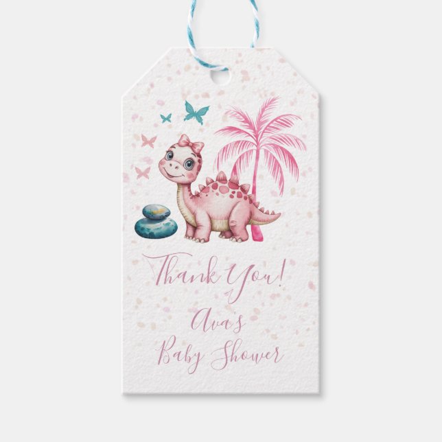Cute Pink Dinosaur Baby Shower Thank You Presentetikett (Framsidan)