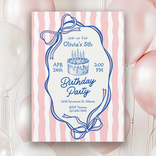 Cute Pink Doodle Frame and Bows 5th Birthday Inbjudningar (Available in both printed and instant download digital formats.)