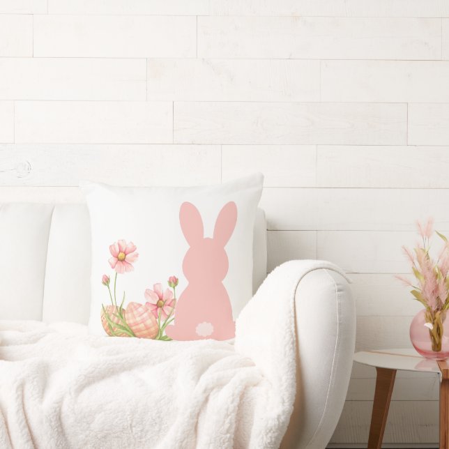 Cute Pink Easter Bunny with Spring Flowers  Kudde (Soffa)