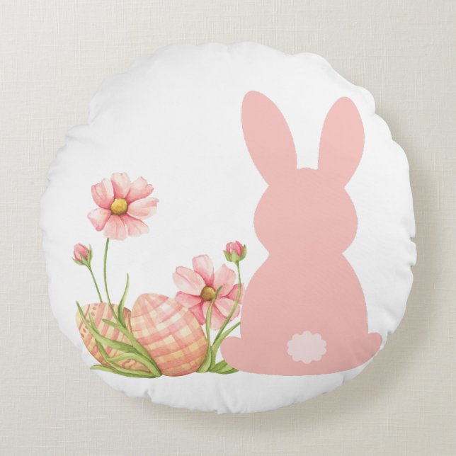 Cute Pink Easter Bunny with Spring Flowers  Rund Kudde (Framsidan)
