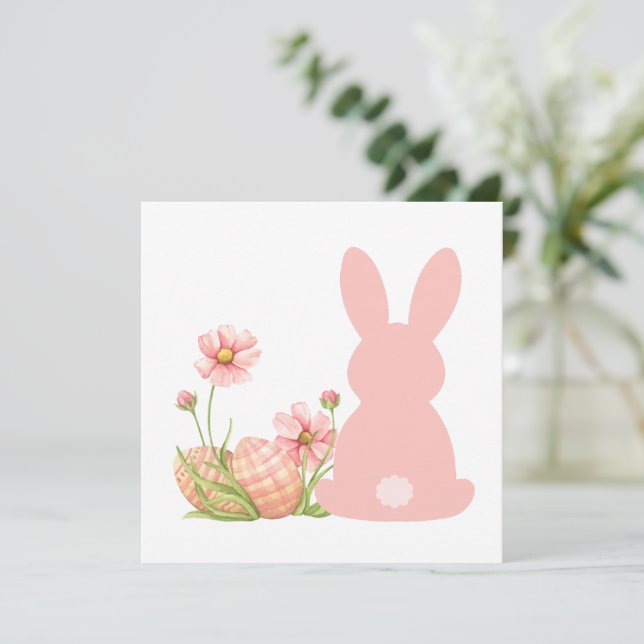 Cute Pink Easter Bunny with Spring Flowers  Tack Kort (Stående Fram)