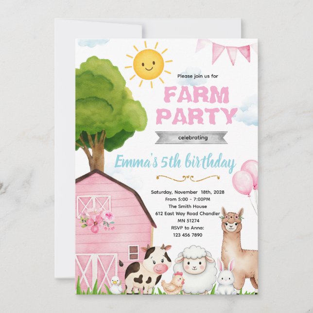 Cute pink farm barnyard invitation inbjudningar (Framsida)