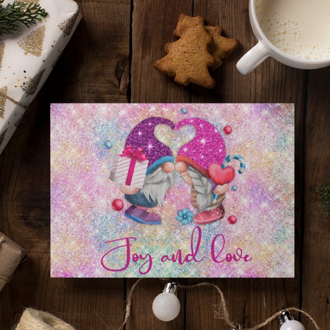 Cute pink faux glitter gnome Christmas monogram Vykort (Skapare uppladdad)