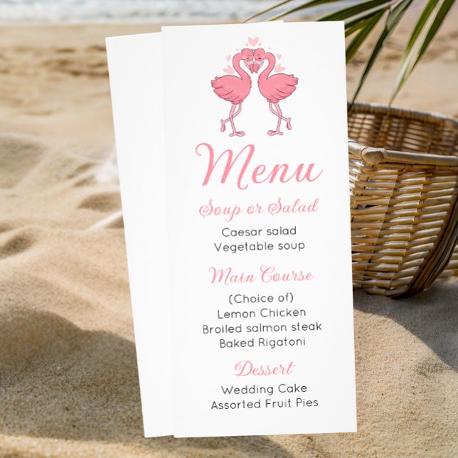 Cute Pink Flamingo Beach Tropical Wedding Menu Reklamkort (Skapare uppladdad)