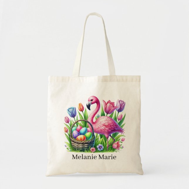 Cute pink flamingo Easter add name  Tygkasse (Framsidan)