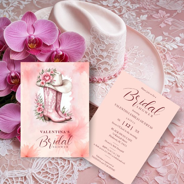 Cute Pink Floral Cowgirl Hat & Boots Bridal Shower Inbjudningar (Cute Pink Floral Cowgirl Hat & Boots Bridal Shower Invitations Cards. )