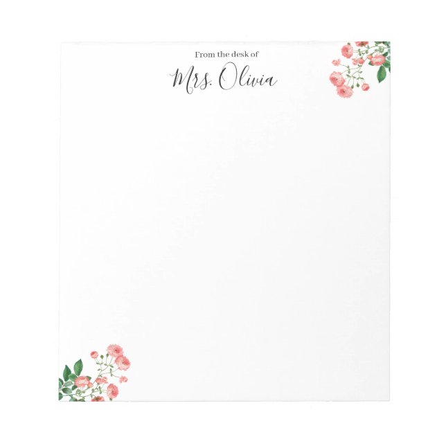 Cute Pink Floral Teacher Notepad Anteckningsblock (Framsida)