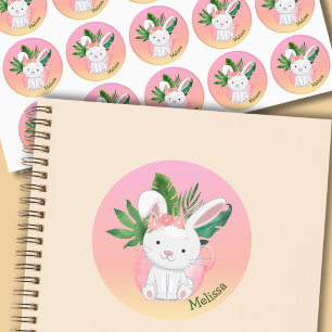 Cute Pink Flower Bunny Name Klistermärke