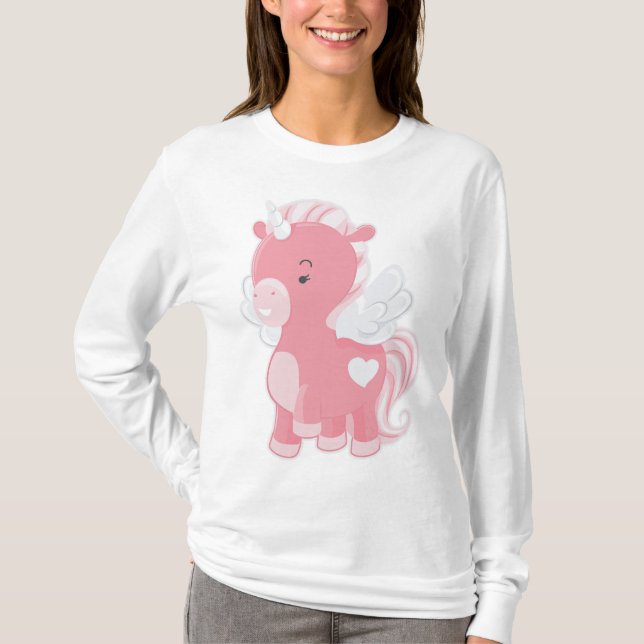 Cute Pink Flying Unicorn Pegacorn T Shirt (Framsida)