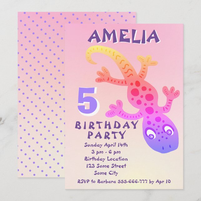 Cute Pink Gecko Lizard Girls Birthday Party Invita Inbjudningar (Fram/baksida)