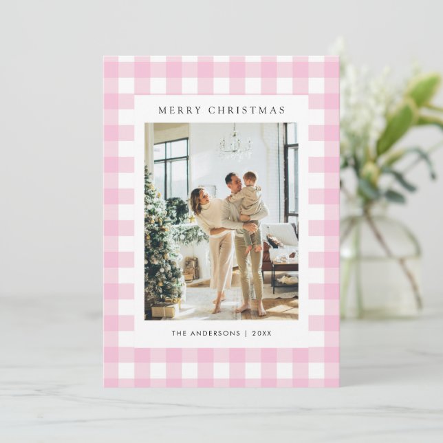 Cute Pink Gingham Plaid 5 Photo Christmas Julkort (Stående Fram)