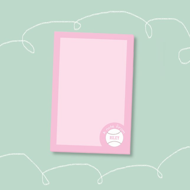 Cute Pink Girly Baseball Notes Post-it Block (Girly pink personalized baseball sticky notes . )