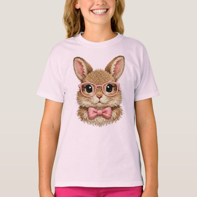 Cute Pink Glasses Bunny | Rabbit Embroidery Look - T Shirt (Framsida)