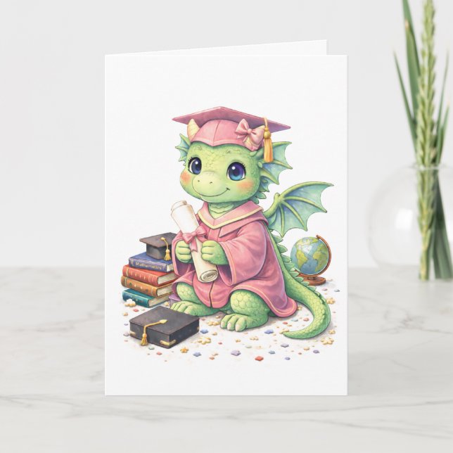 Cute Pink Graduation Dragon Greeting Card Kort (Framsida)