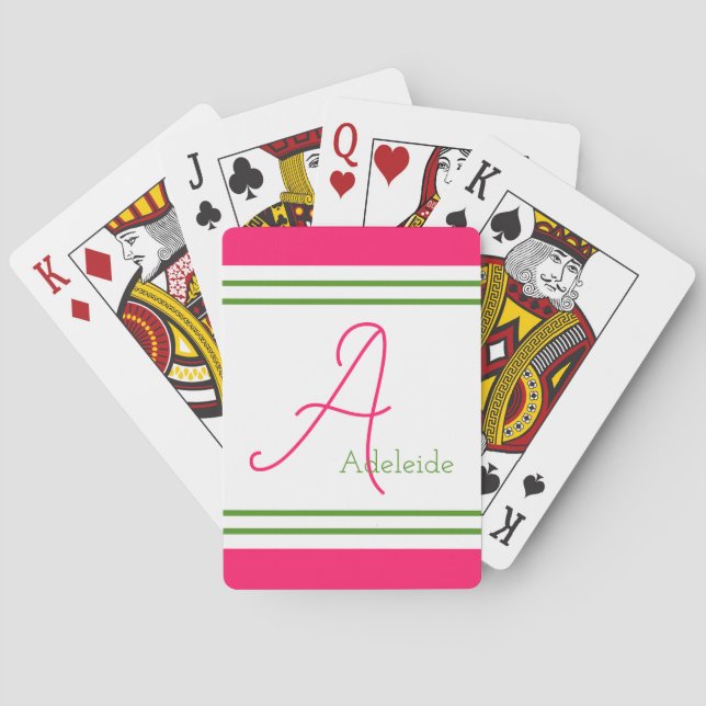 Cute Pink & Green Stripes Personalized Casinokort (Baksidan)