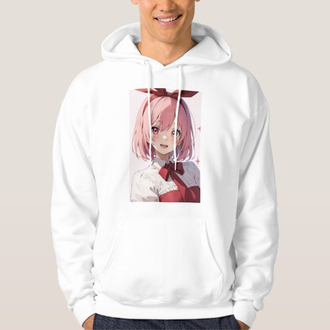 Cute Pink-Haired Anime Girl Illustration Hoodie (Framsida)